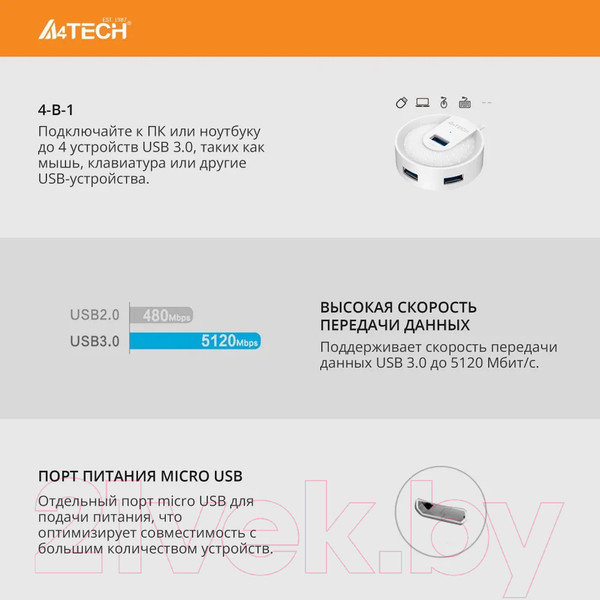 Изображение товара USB-хаб A4Tech HUB-30 (белый)