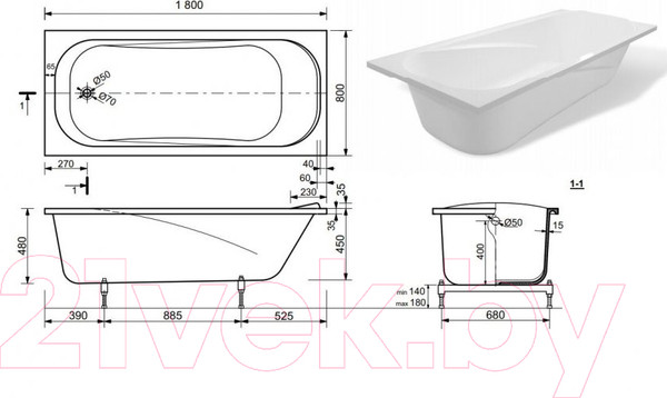 Изображение товара Ванна из искусственного мрамора Эстет Alfa 180x80 / ФР-00014522