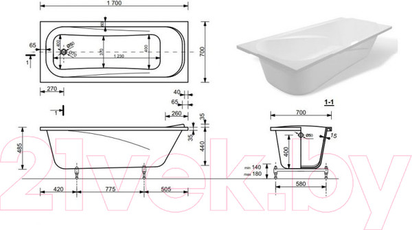 Изображение товара Ванна из искусственного мрамора Эстет Alfa 170x70 A Silk / ФР-00014521