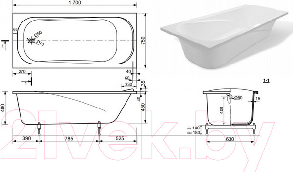 Изображение товара Ванна из искусственного мрамора Эстет Alfa 170x75 Silk / ФР-00014392