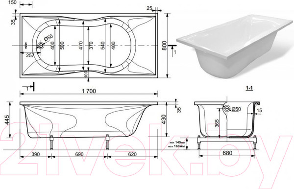 Изображение товара Ванна из искусственного мрамора Эстет Beta 170x80 Silk / ФР-00014524
