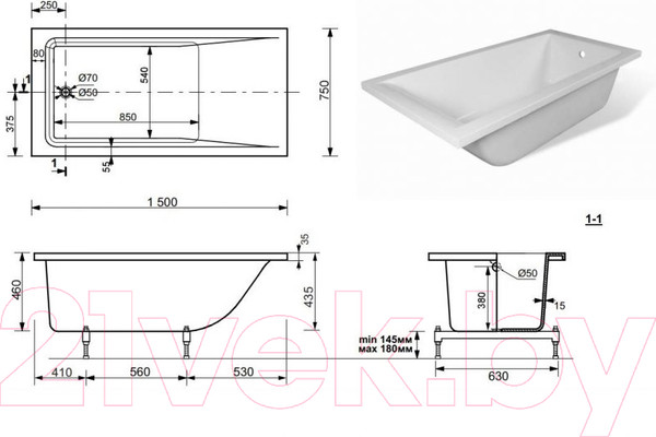 Изображение товара Ванна из искусственного мрамора Эстет Delta 150x75 Silk / ФР-00014531