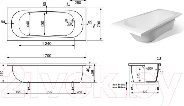 Изображение товара Ванна из искусственного мрамора Эстет Laura 170x70 Silk / ФР-00014536