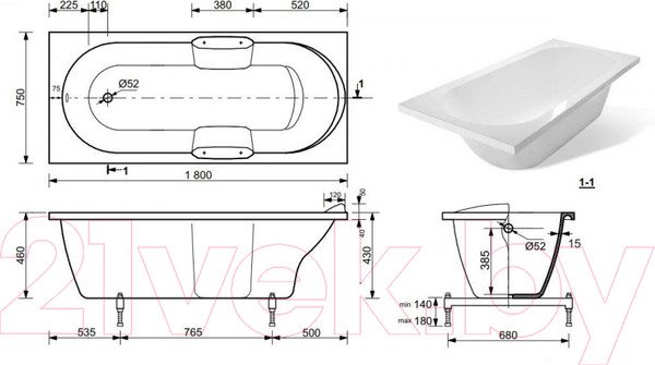 Изображение товара Ванна из искусственного мрамора Эстет Kamelia 180x75 Silk / ФР-00014535