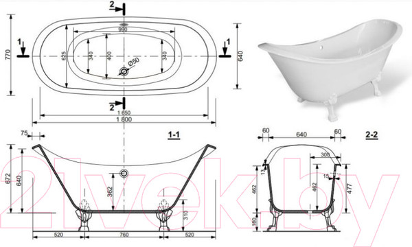 Изображение товара Ванна из искусственного мрамора Эстет Scarlett 180x77 Silk / ФР-00014622