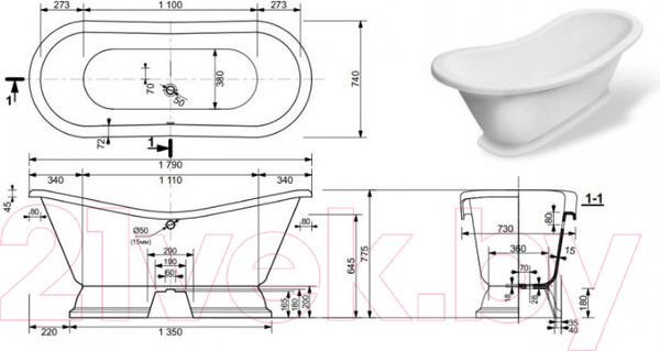 Изображение товара Ванна из искусственного мрамора Эстет Boston 180x74 Silk / ФР-00014526
