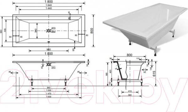 Изображение товара Ванна из искусственного мрамора Эстет Stella 180x80 Silk / ФР-00014624