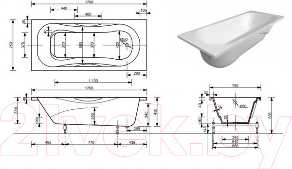Изображение товара Ванна из искусственного мрамора Эстет Ellis 170x75 Silk / ФР-00014628