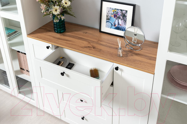 Изображение товара Шкаф-пенал с витриной Mobi Остин 16.394.03 (белый PE шагрень/дуб золотой craft/белая шагрень 4101 ПВХ)