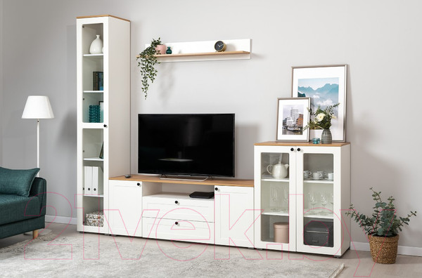 Изображение товара Шкаф-пенал с витриной Mobi Остин 16.394.03 (белый PE шагрень/дуб золотой craft/белая шагрень 4101 ПВХ)