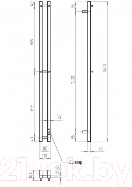 Изображение товара Полотенцесушитель электрический Двин X-2 Plaza Neo 140x8 BL