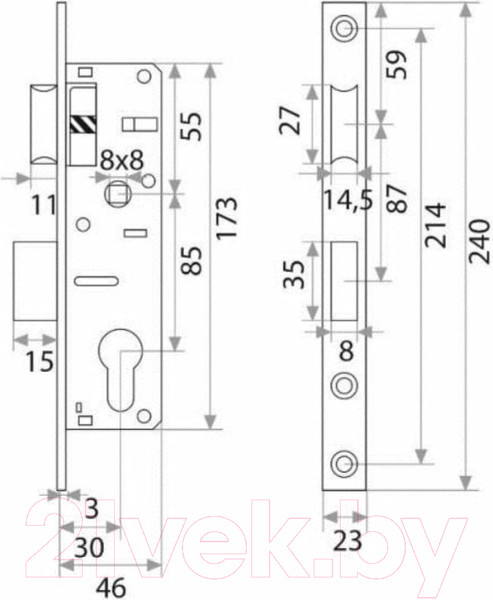 Изображение товара Замок врезной Trodos 153-30 Цилиндровый с защелкой без ручки (хром)