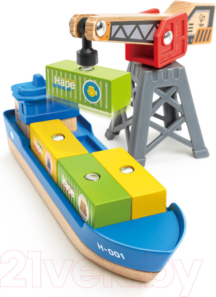 Изображение товара Корабль игрушечный Hape Грузовой корабль и подъемный кран. У моря / E3792_HP