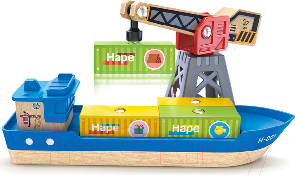 Изображение товара Корабль игрушечный Hape Грузовой корабль и подъемный кран. У моря / E3792_HP