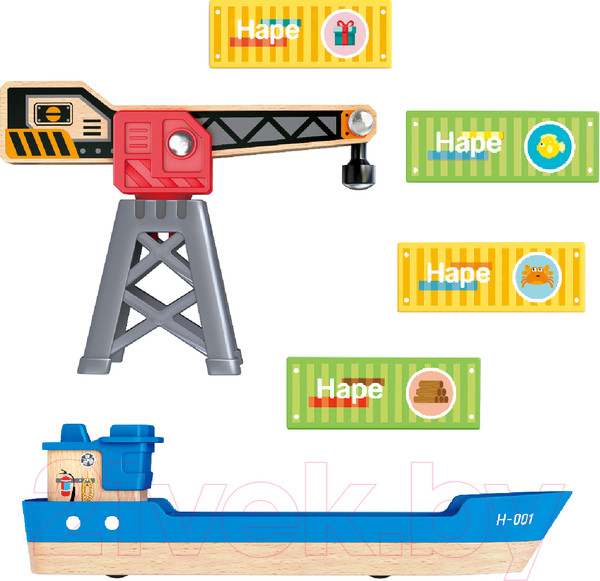 Изображение товара Корабль игрушечный Hape Грузовой корабль и подъемный кран. У моря / E3792_HP