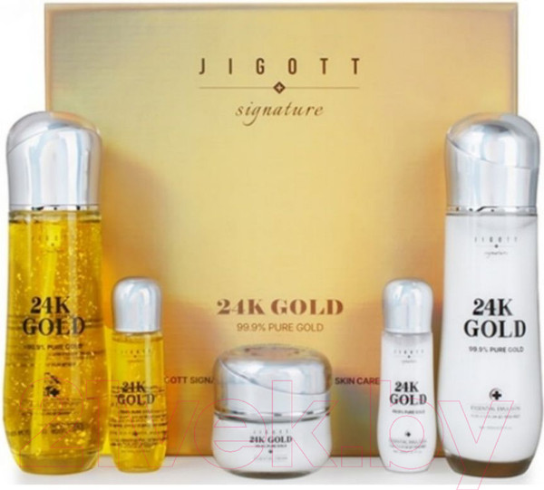 Изображение товара Набор косметики для лица Jigott Signature 24K Gold Тонер+Эмульсия+Крем (150мл+50мл+150мл+30мл+50мл)