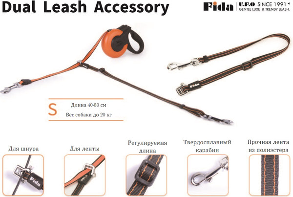 Изображение товара Пристежка к поводку для второй собаки Fida Dual Leash / 71398 (черный)