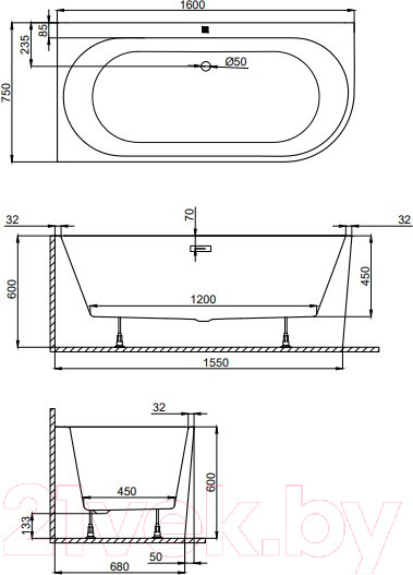 Изображение товара Ванна акриловая Polimat Sola 160x75 L / 00027 (белый)