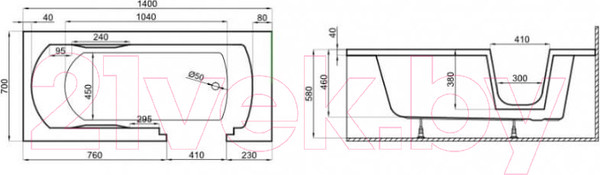 Изображение товара Ванна акриловая Polimat Avo 140x70 / 00306 (белый)