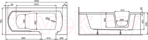 Изображение товара Ванна акриловая Polimat Avo 150x75 / 00483 (белый)
