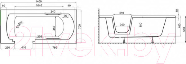 Изображение товара Ванна акриловая Polimat Vovo 140x70 / 00276 (белый)