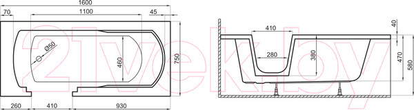 Изображение товара Ванна акриловая Polimat Vovo 160x75 / 00741 (белый)