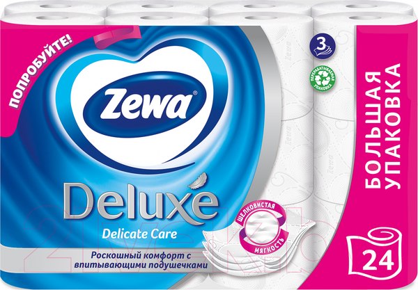 Изображение товара Туалетная бумага Zewa Deluxe без аромата 3-cлойная (24рул)