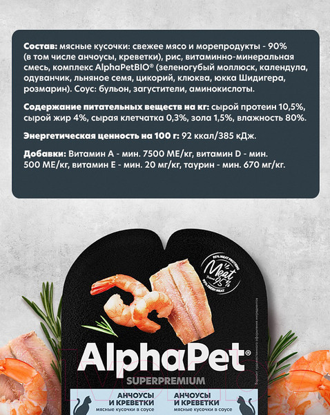 Изображение товара Влажный корм для кошек AlphaPet Sterilized с анчоусами и креветками в соусе / 211009 (15х80г)