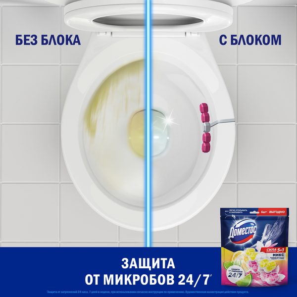 Изображение товара Чистящее средство для унитаза Domestos Power 5 Свежесть лайма+Ледяная магнолия (2x50г+3x50г)