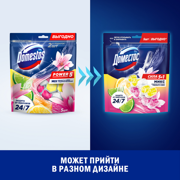 Изображение товара Чистящее средство для унитаза Domestos Power 5 Свежесть лайма+Ледяная магнолия (2x50г+3x50г)