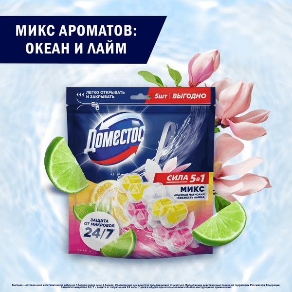 Изображение товара Чистящее средство для унитаза Domestos Power 5 Свежесть лайма+Ледяная магнолия (2x50г+3x50г)
