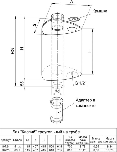 Изображение товара Бак на трубе Ferrum Каспий треугольный на трубе 63л / f0725  (AISI 201/1.0)