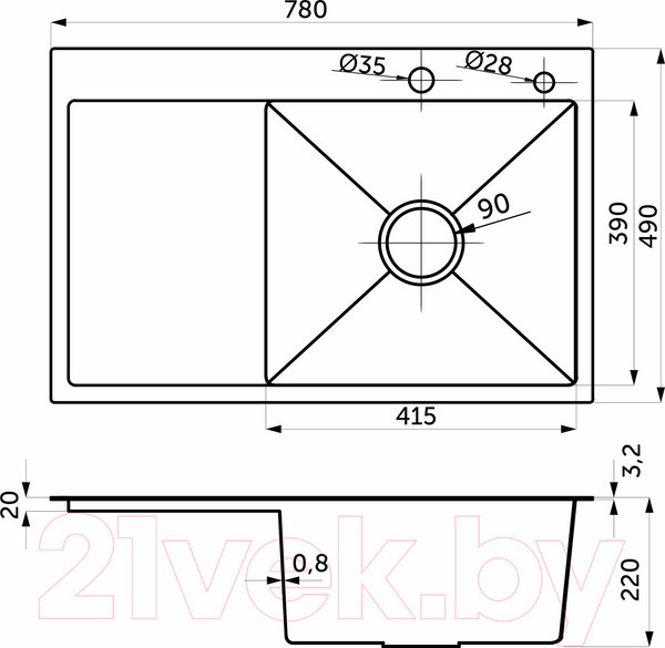 Изображение товара Мойка кухонная AKS Прямоугольная 78x49 правая (графит)