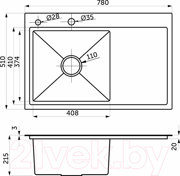 Изображение товара Мойка кухонная AKS Прямоугольная 78x51 левая (сатин никель)