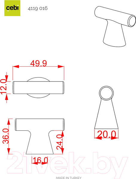 Изображение товара Ручка для мебели Cebi A4119 PC27 (16мм, антрацит полимер)