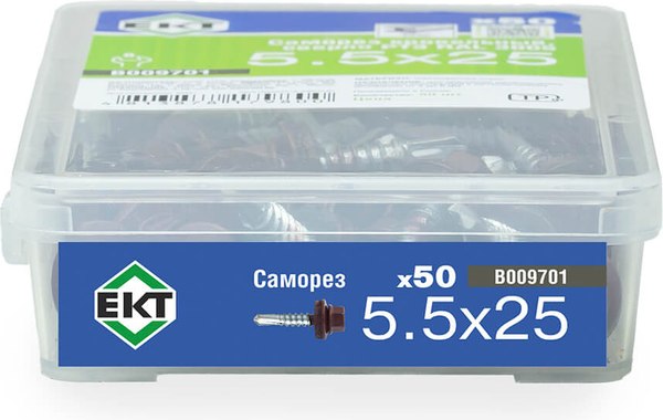 Изображение товара Саморез ЕКТ Кровельный с резиновой прокладкой 5.5x25 сверло PT3 / B009701 (50шт, RAL3005)