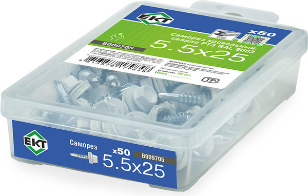 Изображение товара Саморез ЕКТ Кровельный с резиновой прокладкой 5.5х25 сверло РТ3/ B009705 (50шт, RAL9003)