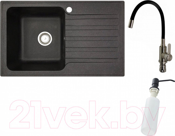 Изображение товара Мойка кухонная со смесителем БелЭворс Styl L + смеситель W74004-2 + дозатор L405F (черный)