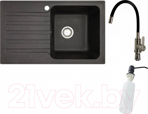 Изображение товара Мойка кухонная со смесителем БелЭворс Styl R + смеситель W74004-2 + дозатор L405F (черный)