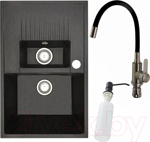 Изображение товара Мойка кухонная со смесителем БелЭворс Forma R + смеситель W74004-2 + дозатор L405F (черный)