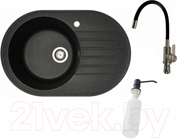Изображение товара Мойка кухонная со смесителем БелЭворс Rondo L + смеситель W74004-2 + дозатор L405F (черный)