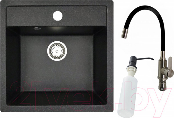 Изображение товара Мойка кухонная со смесителем БелЭворс Rio + смеситель W74004-2 + дозатор L405F (черный)