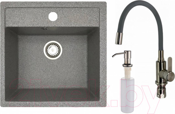 Изображение товара Мойка кухонная со смесителем БелЭворс Rio + смеситель W74004-9 + дозатор L405-1 (серый/сатин)