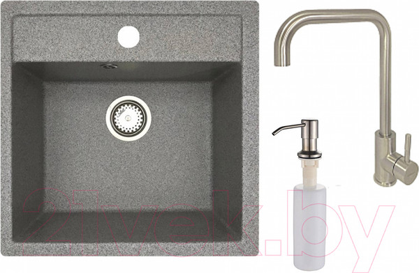 Изображение товара Мойка кухонная со смесителем БелЭворс Rio + смеситель W4998-4 + дозатор L405-1 (серый/сатин)