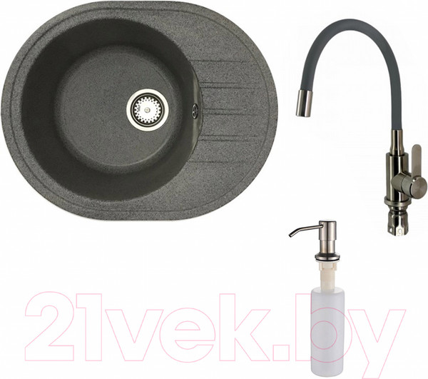 Изображение товара Мойка кухонная со смесителем БелЭворс New Lux L + смеситель W74004-9 + дозатор L405-1 (серый/сатин)