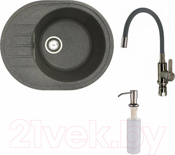Изображение товара Мойка кухонная со смесителем БелЭворс New Lux R + смеситель W74004-9 + дозатор L405-1 (серый/сатин)