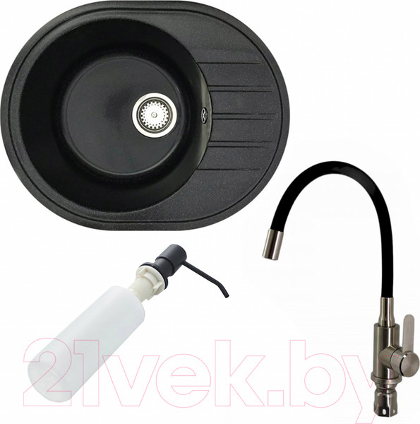 Изображение товара Мойка кухонная со смесителем БелЭворс New Lux L + смеситель W74004-2 + дозатор L405F (черный)