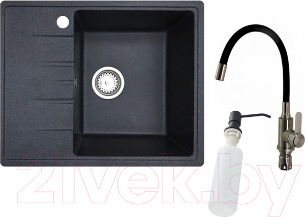 Изображение товара Мойка кухонная со смесителем БелЭворс Mila R + смеситель W74004-2 + дозатор L405F (черный)