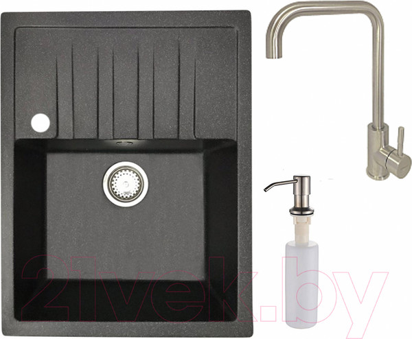 Изображение товара Мойка кухонная со смесителем БелЭворс Vega L + смеситель W4998-4 + дозатор L405-1 (черный/сатин)