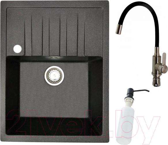 Изображение товара Мойка кухонная со смесителем БелЭворс Vega L + смеситель W74004-2 + дозатор L405F (черный)